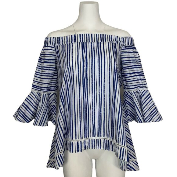 N/Nicholas Washed Stripe Off Shoulder Top Tunic 6 Cutout Bell Sleeve Resortwear - Picture 1 of 12